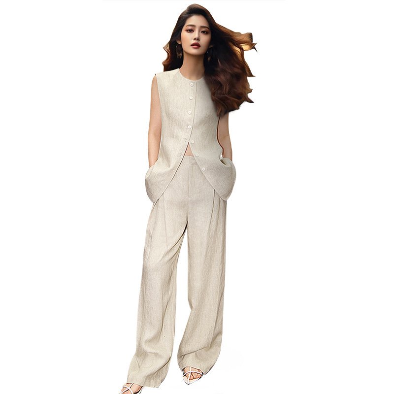 Boutique Wholesale 2024 Summer New Style Stylish Round Neck Sleeveless Vest High Waist Wide Leg Pants Women's Set