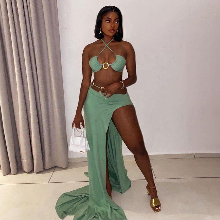 new Summer Women's Party Club sexy suit Halter Lace Round Button Top Side Cut Out Bandage Skirt 2 Piece set women