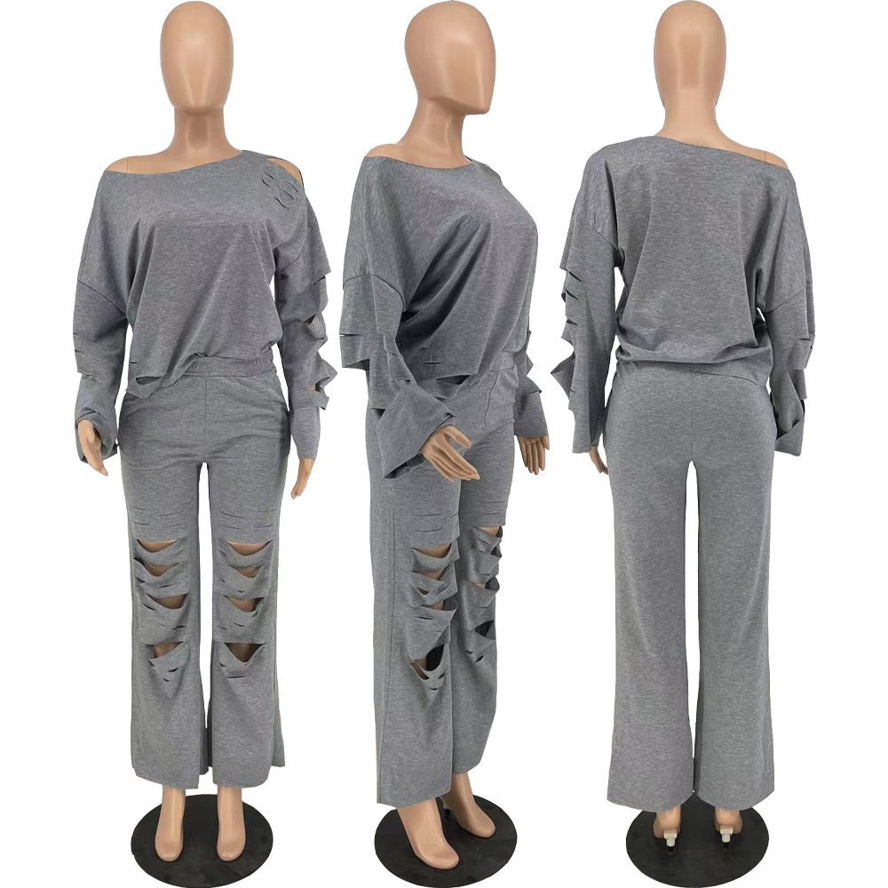 QY90213 2024 The latest style of single shoulder irregular hollow-cut casual sweatpants suits set for women