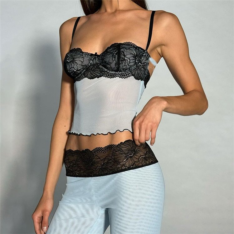 Patchwork Lace 2piece Sets Woman Summer Sexy Fungus Trim Spaghetti-Strap Tops+Chic Tierred Pants Party Skinny Outfits