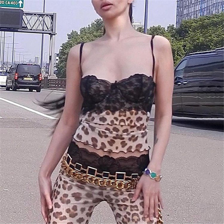 Patchwork Lace 2piece Sets Woman Summer Sexy Fungus Trim Spaghetti-Strap Tops+Chic Tierred Pants Party Skinny Outfits