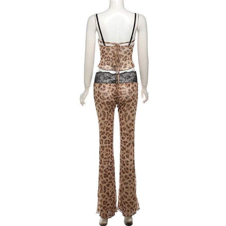 Patchwork Lace 2piece Sets Woman Summer Sexy Fungus Trim Spaghetti-Strap Tops+Chic Tierred Pants Party Skinny Outfits