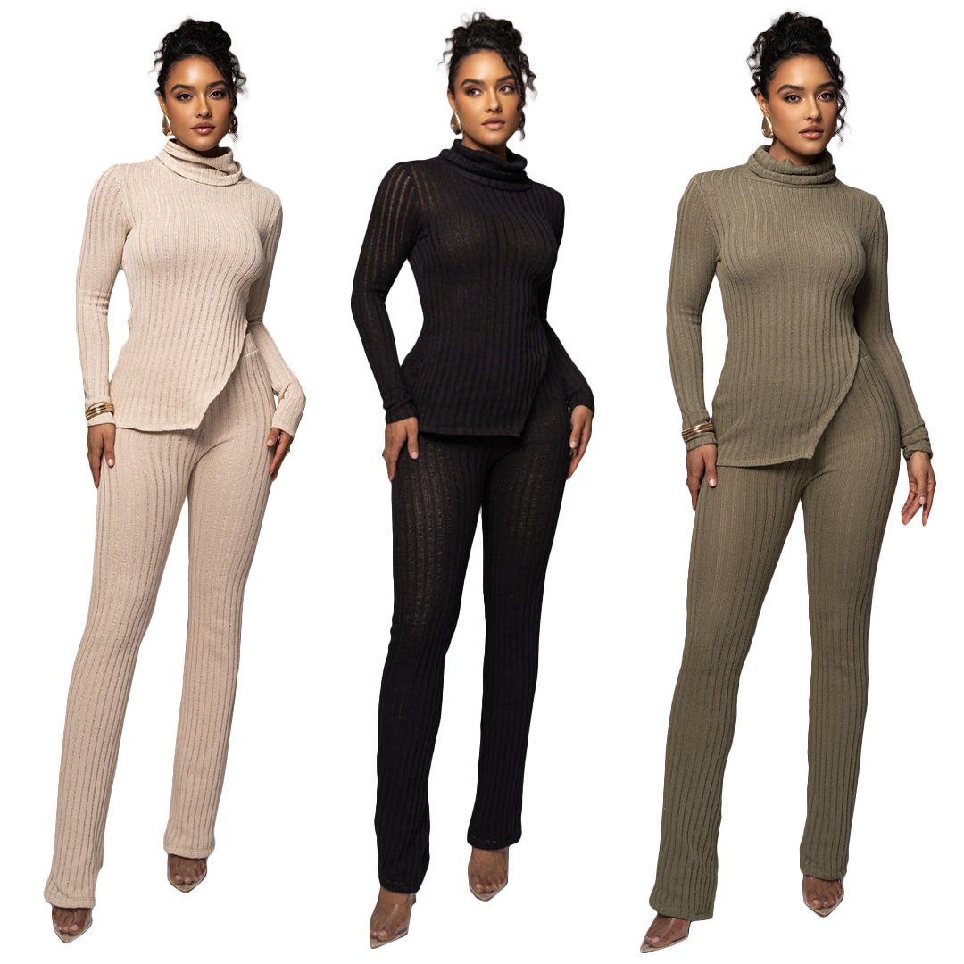 Solid Color Turtleneck Pit Long Sleeve Pant Set