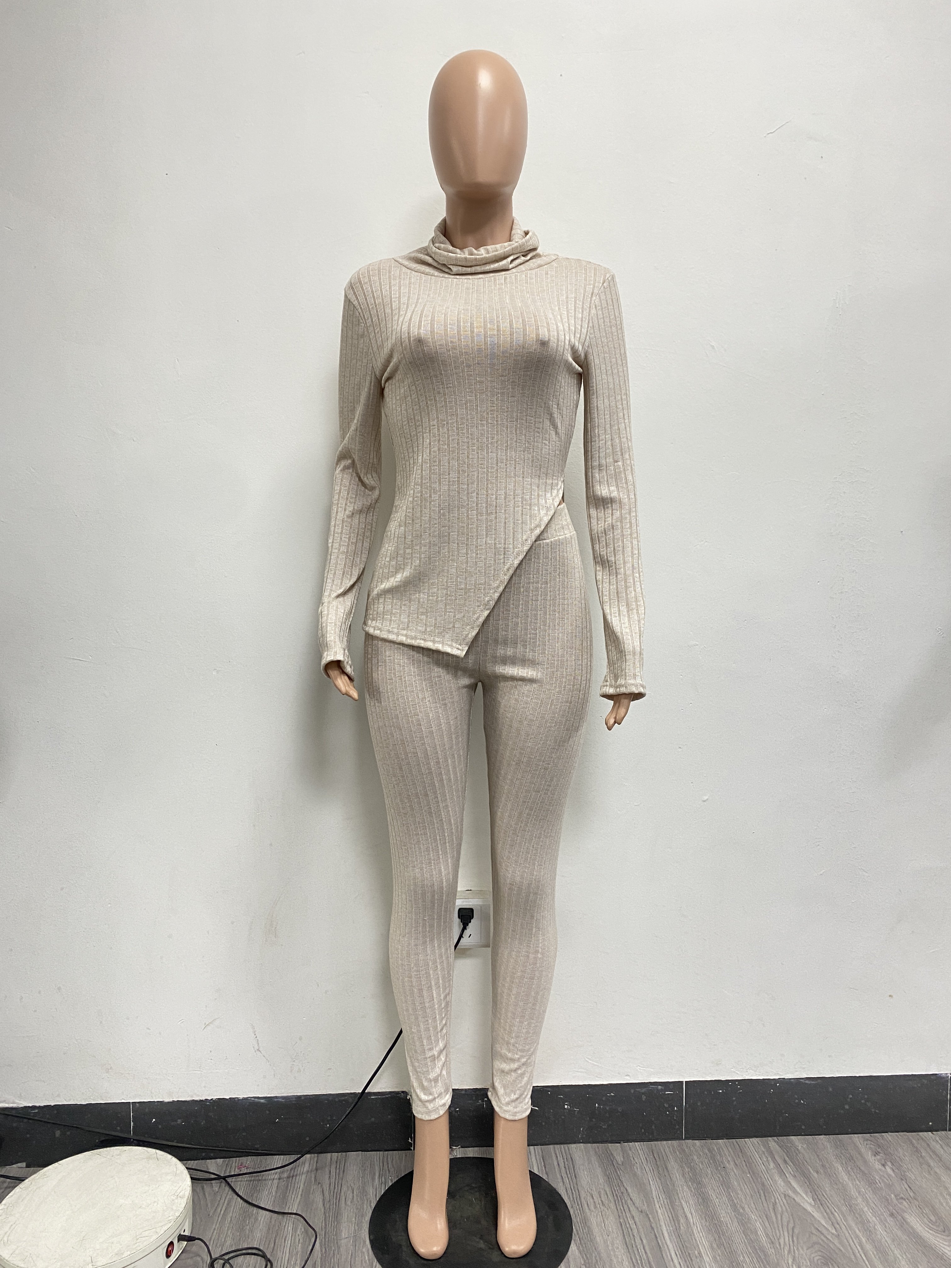 Solid Color Turtleneck Pit Long Sleeve Pant Set