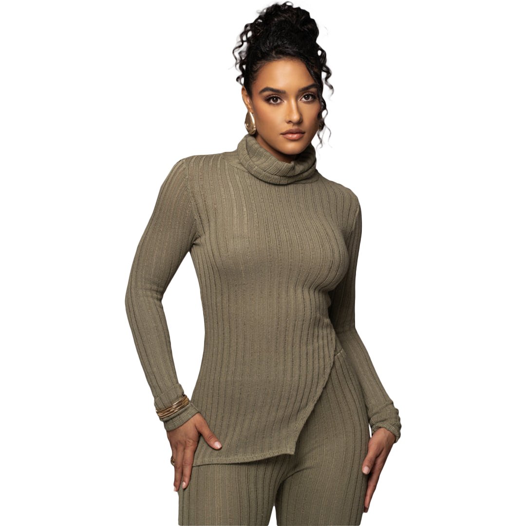 Solid Color Turtleneck Pit Long Sleeve Pant Set