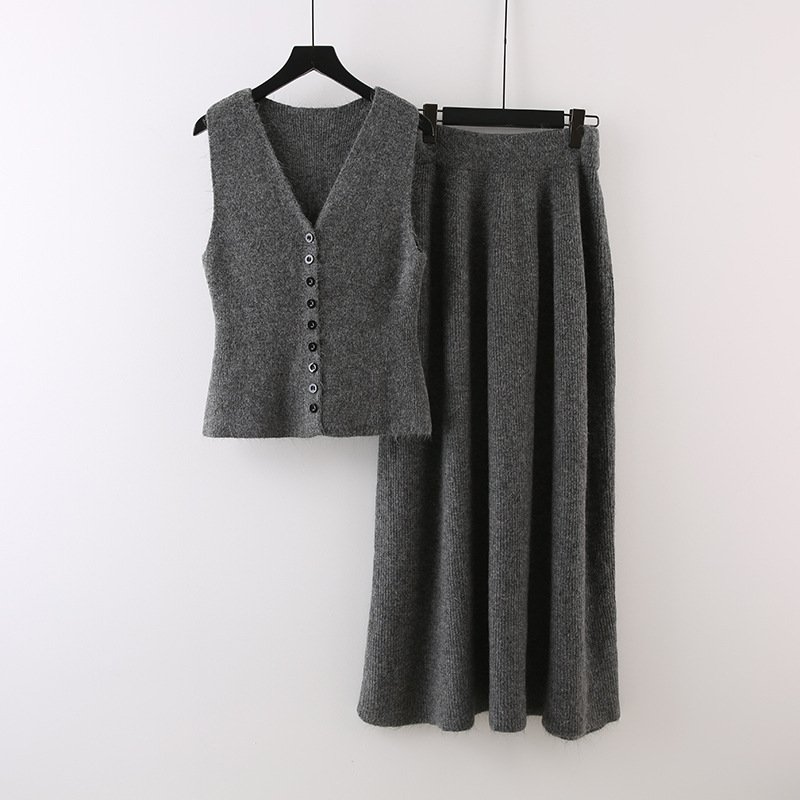 Boutique Wholesale 2024 Autumn New Fashionable Knitted Wool Vest Long Skirt Elastic Slimming Women's Sets