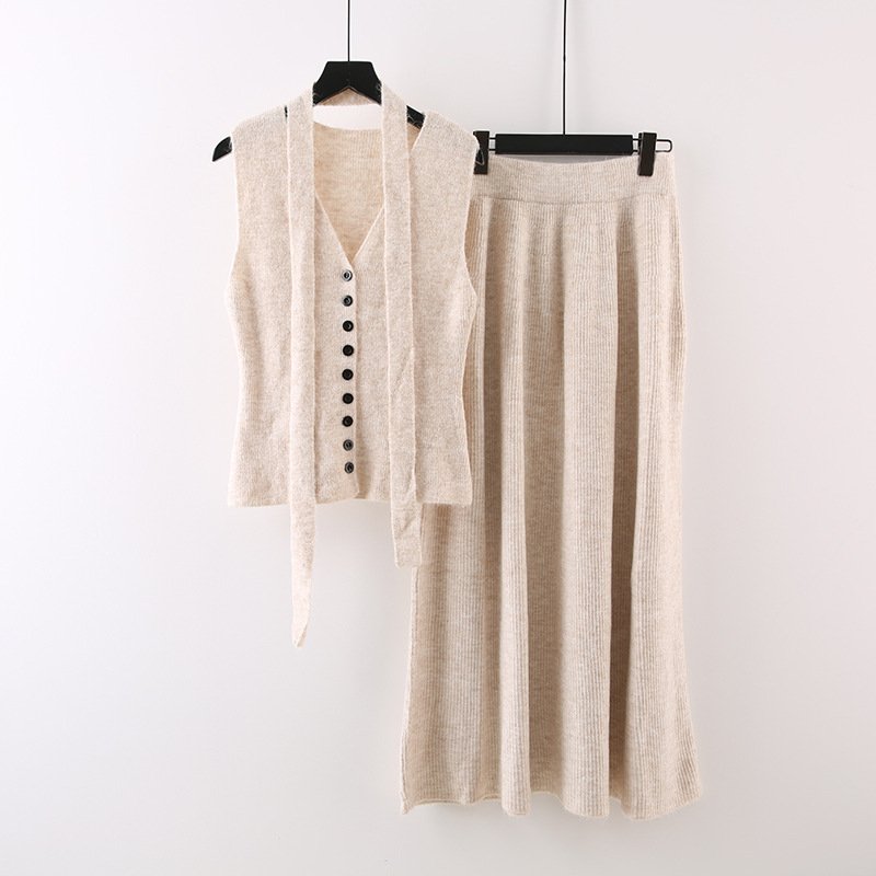 Boutique Wholesale 2024 Autumn New Fashionable Knitted Wool Vest Long Skirt Elastic Slimming Women's Sets