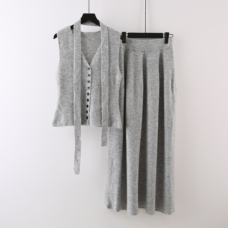 Boutique Wholesale 2024 Autumn New Fashionable Knitted Wool Vest Long Skirt Elastic Slimming Women's Sets