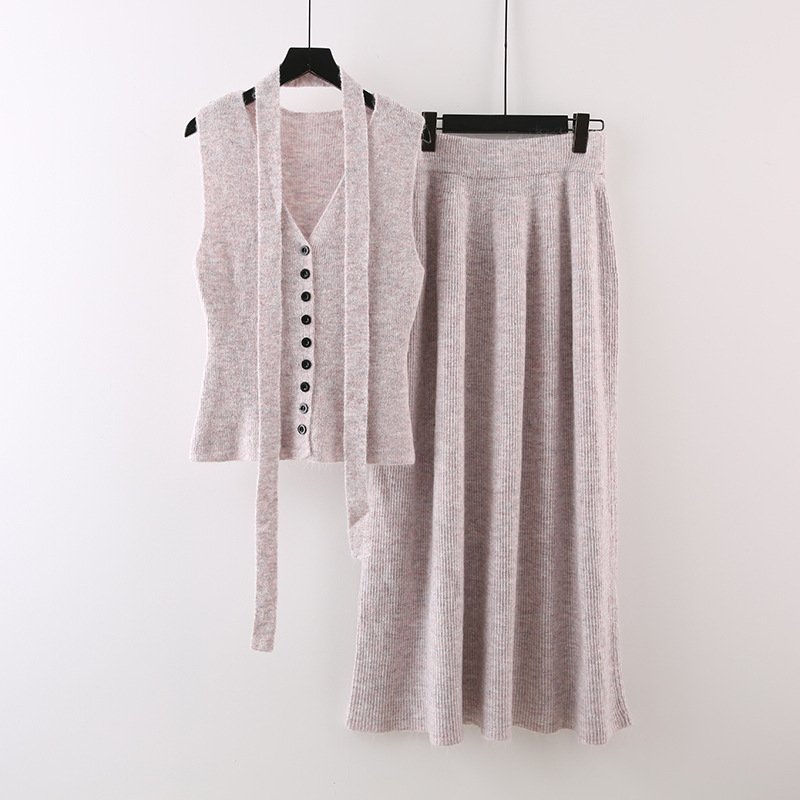 Boutique Wholesale 2024 Autumn New Fashionable Knitted Wool Vest Long Skirt Elastic Slimming Women's Sets