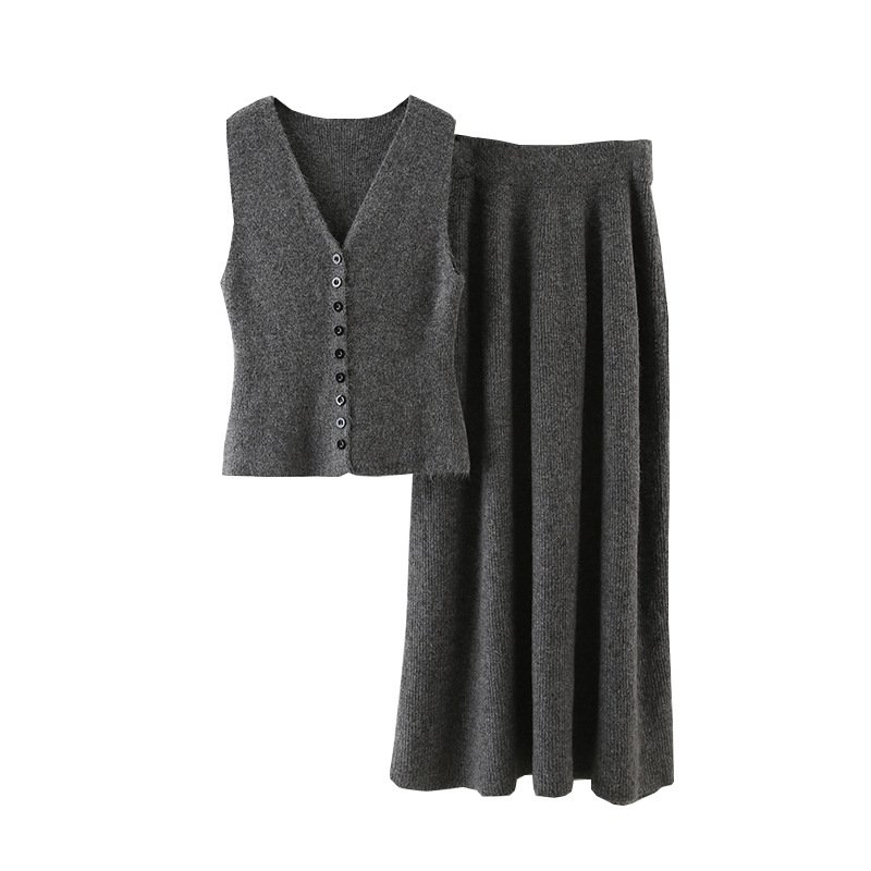 Boutique Wholesale 2024 Autumn New Fashionable Knitted Wool Vest Long Skirt Elastic Slimming Women's Sets