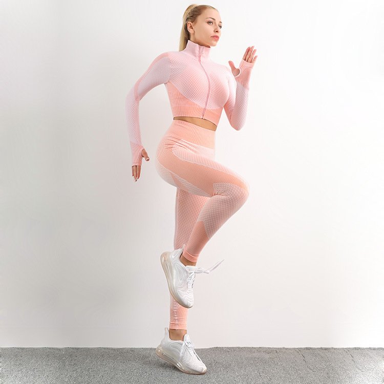 Workout Sets Women 2 Piece Legging Zip Crop Top Seamless Yoga Outfits Clothes Tracksuit