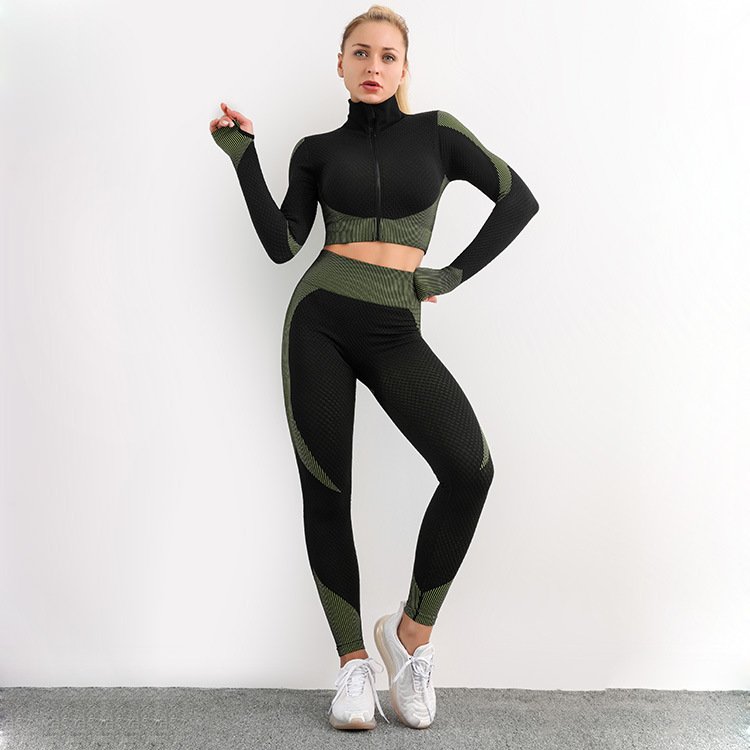Workout Sets Women 2 Piece Legging Zip Crop Top Seamless Yoga Outfits Clothes Tracksuit