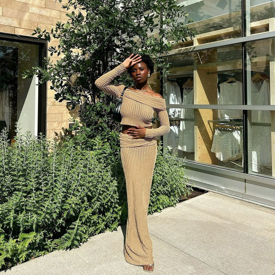 Kliou K24S52989 New Fall 2 Piece Set Women Casual Ribbed Two Pieces Off Shoulder Tops+ Maxi Skirt Women's Sets