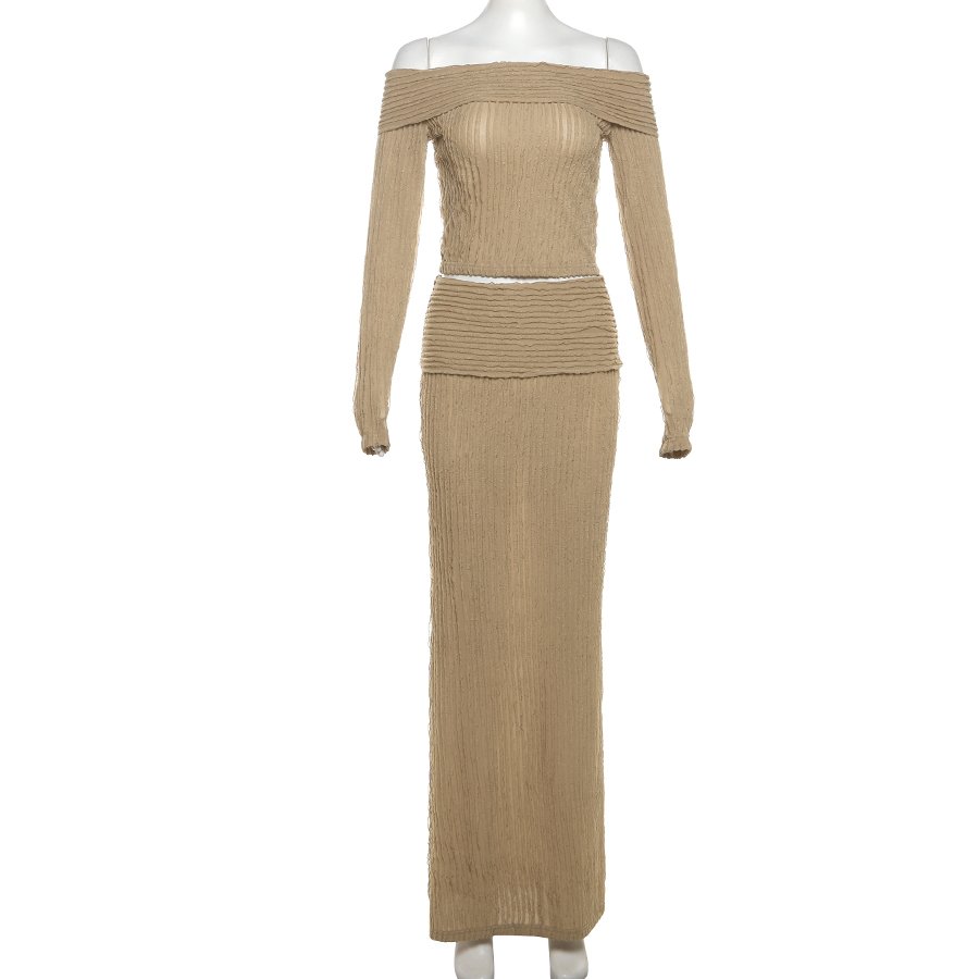 Kliou K24S52989 New Fall 2 Piece Set Women Casual Ribbed Two Pieces Off Shoulder Tops+ Maxi Skirt Women's Sets