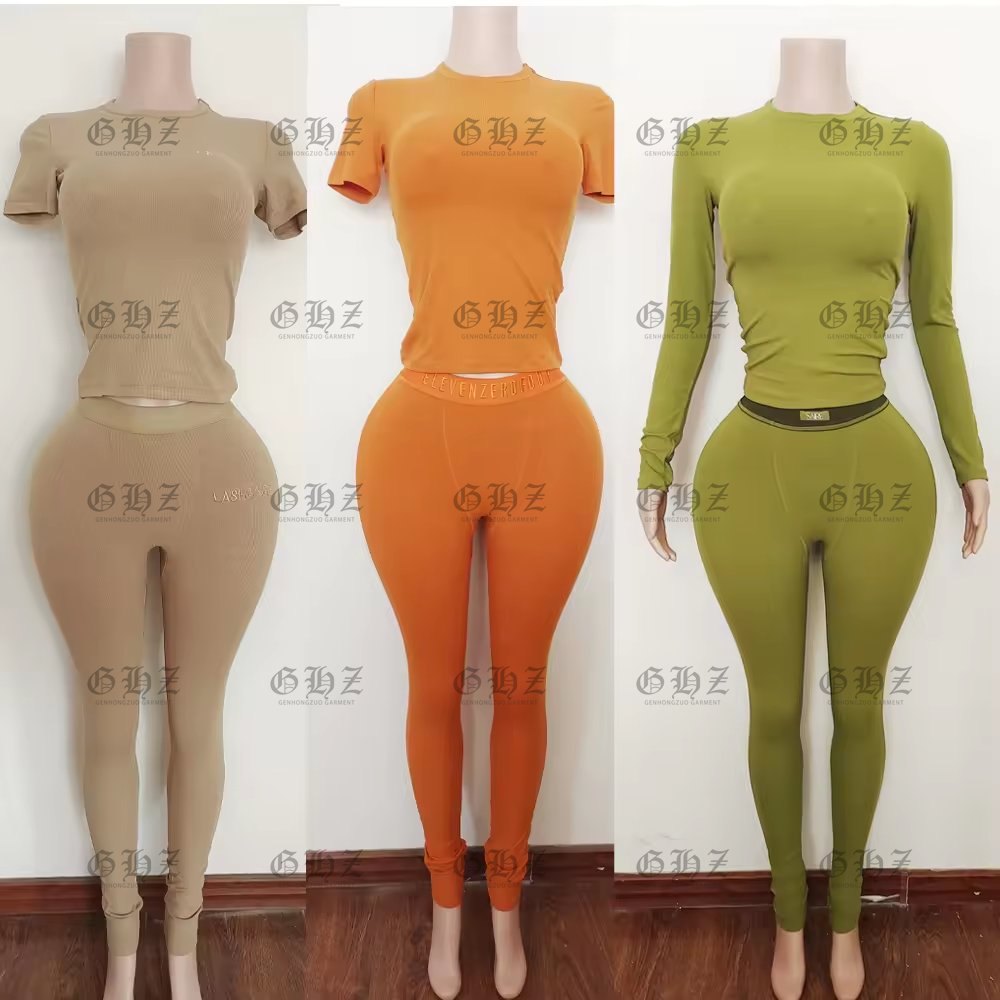Custom Embroidered LOGO Loungewear Women's Sets Cozy Modal Cotton Ribbed T Shirt And Leggings Two Piece Lounge Wear Pants Sets