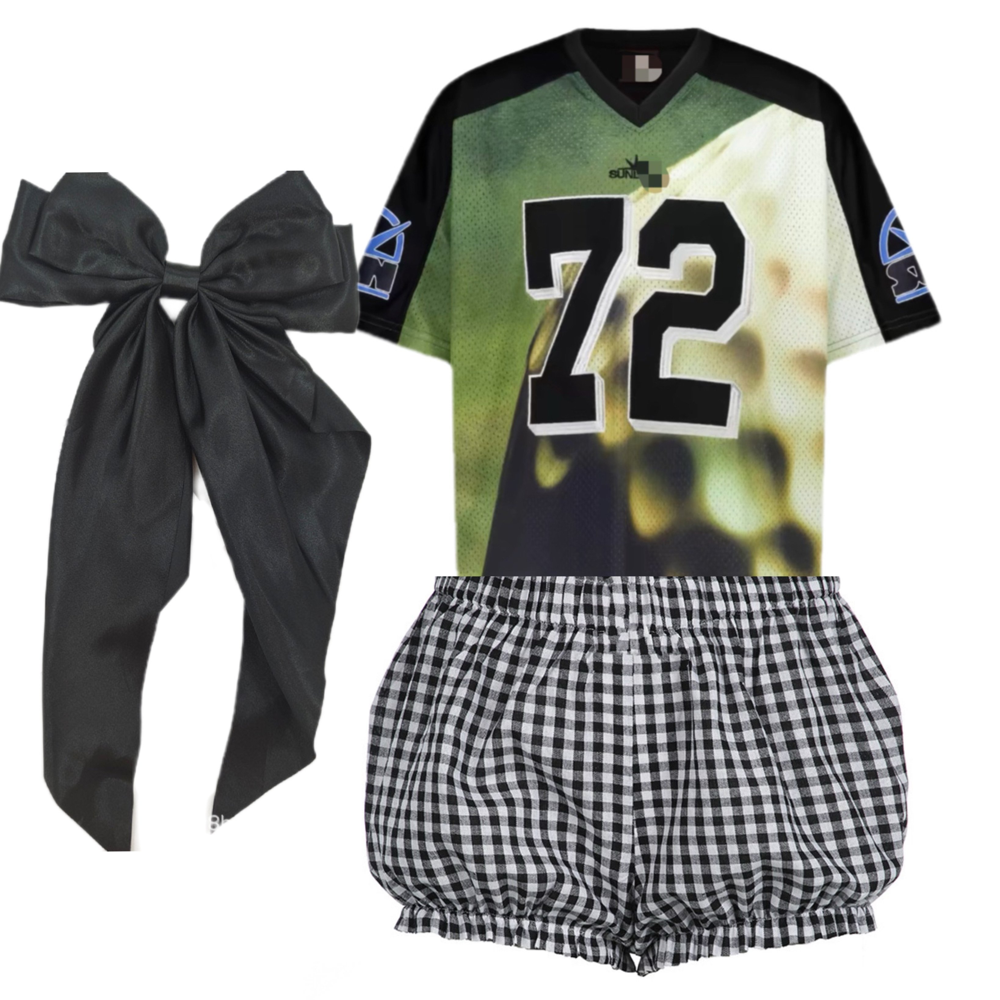 Peeqi fashion y2k two piece set women clothing mesh t shirt and pleated shorts and bow 3 piece set casual outfits streetwear