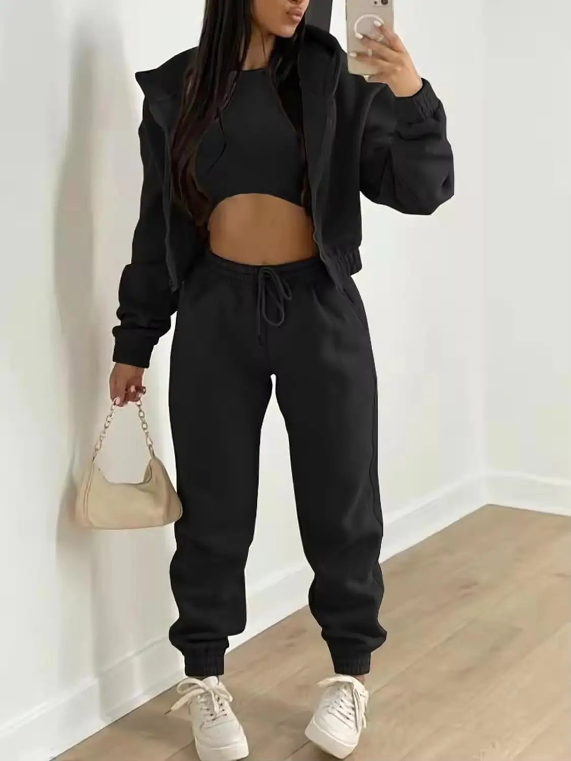 OEM Custom Logo Fashion Women Sweatshirt Women Suit Fitted Sports Pocket Hoodie Jogger Sportswear Suit