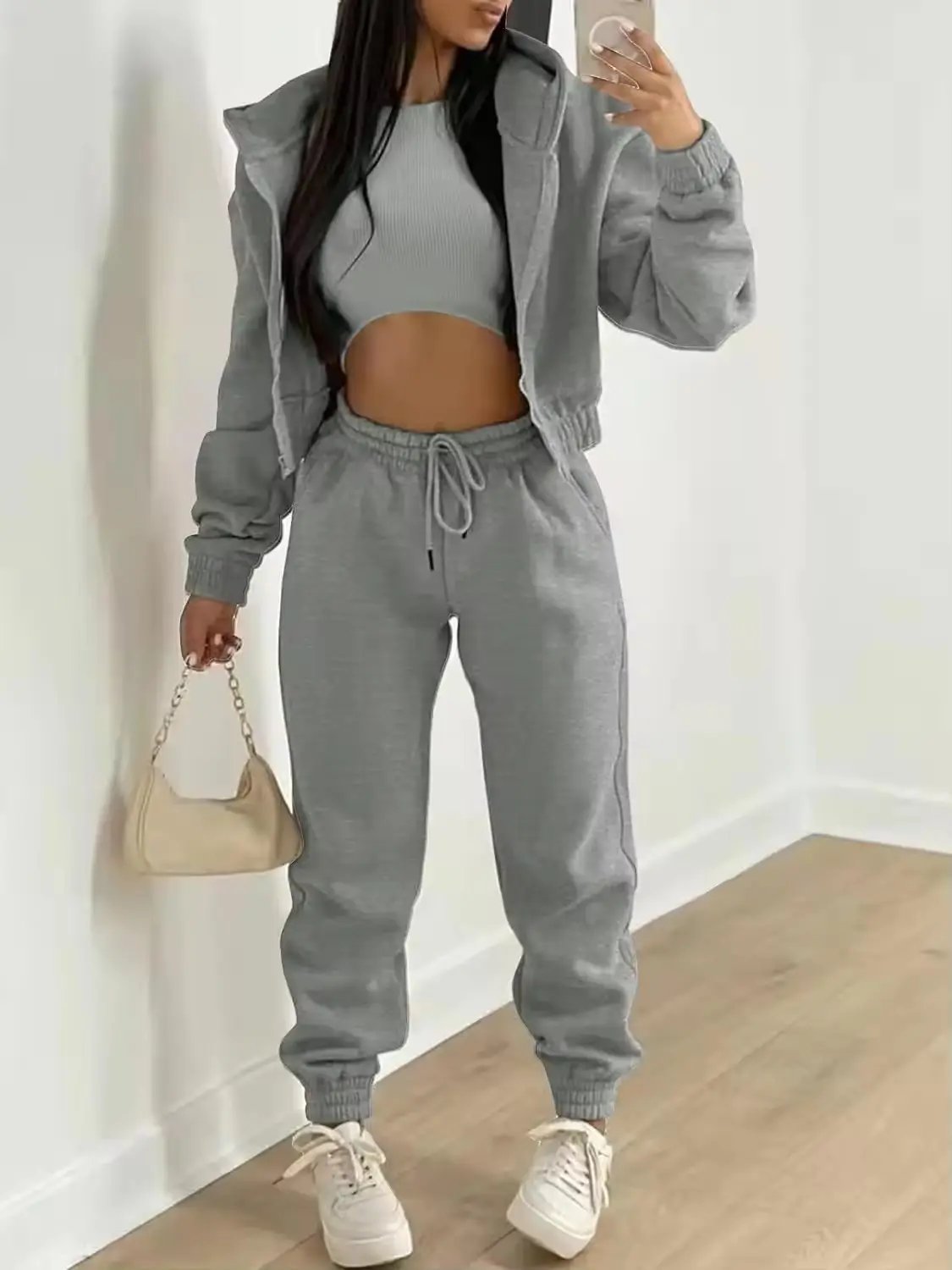 OEM Custom Logo Fashion Women Sweatshirt Women Suit Fitted Sports Pocket Hoodie Jogger Sportswear Suit