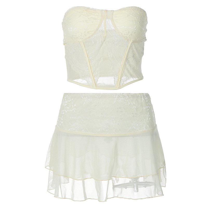 Explosive new women's sexy collage lace perspective wrapped chest ultra short double-layer skirt two piece set