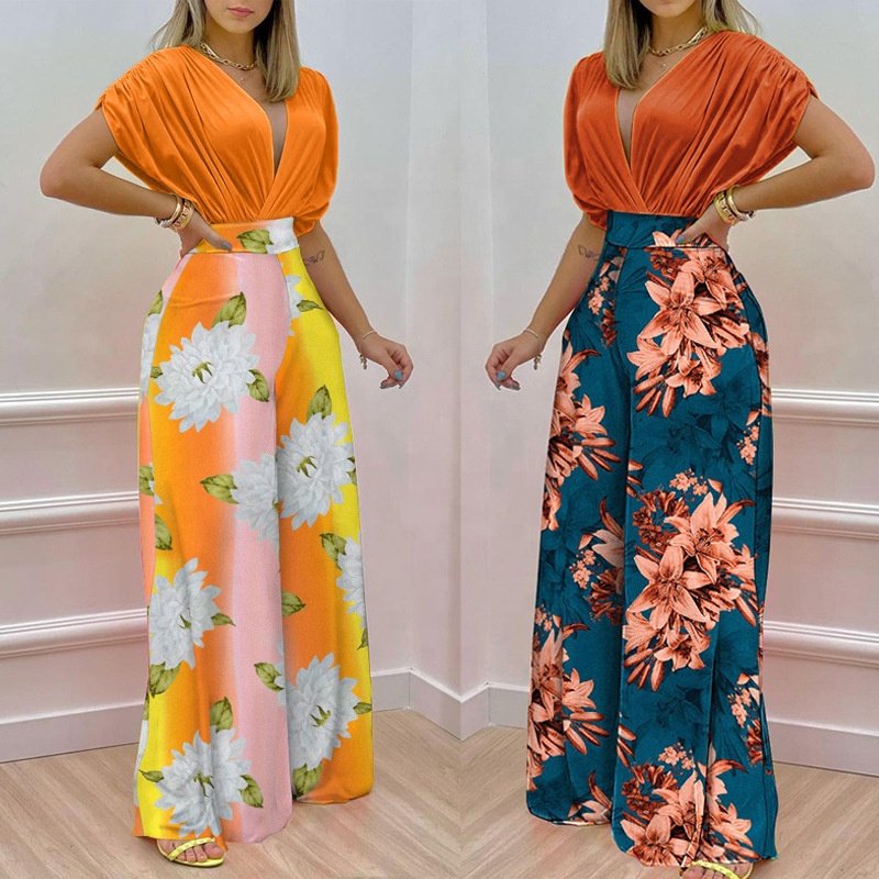 2024 women's ins summer new temperament V-neck printed wide-legged trousers fashion casual suit
