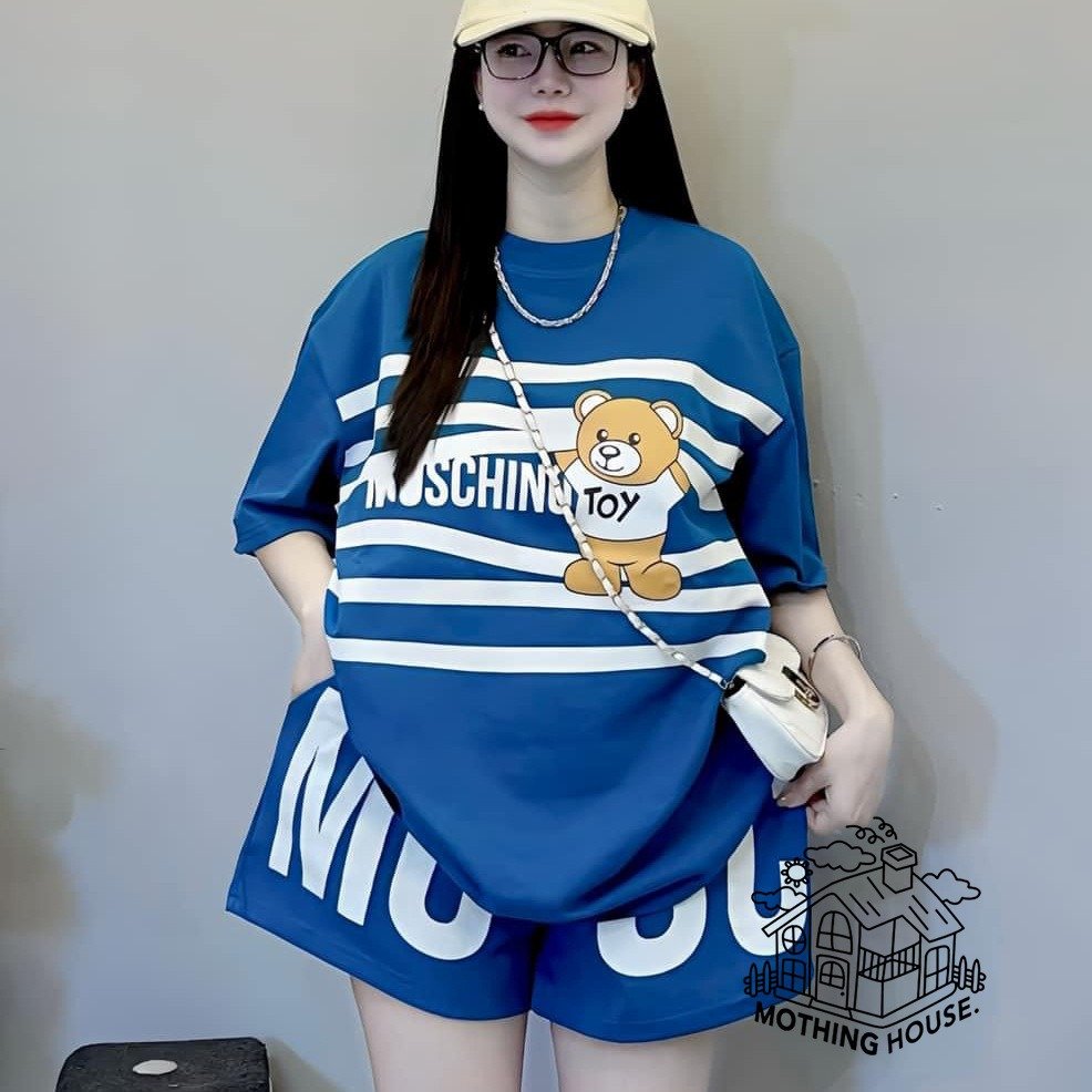 Fashion Set Women's Summer Loose Striped Bear Short sleeved Age Reducing Shorts Two Piece Set