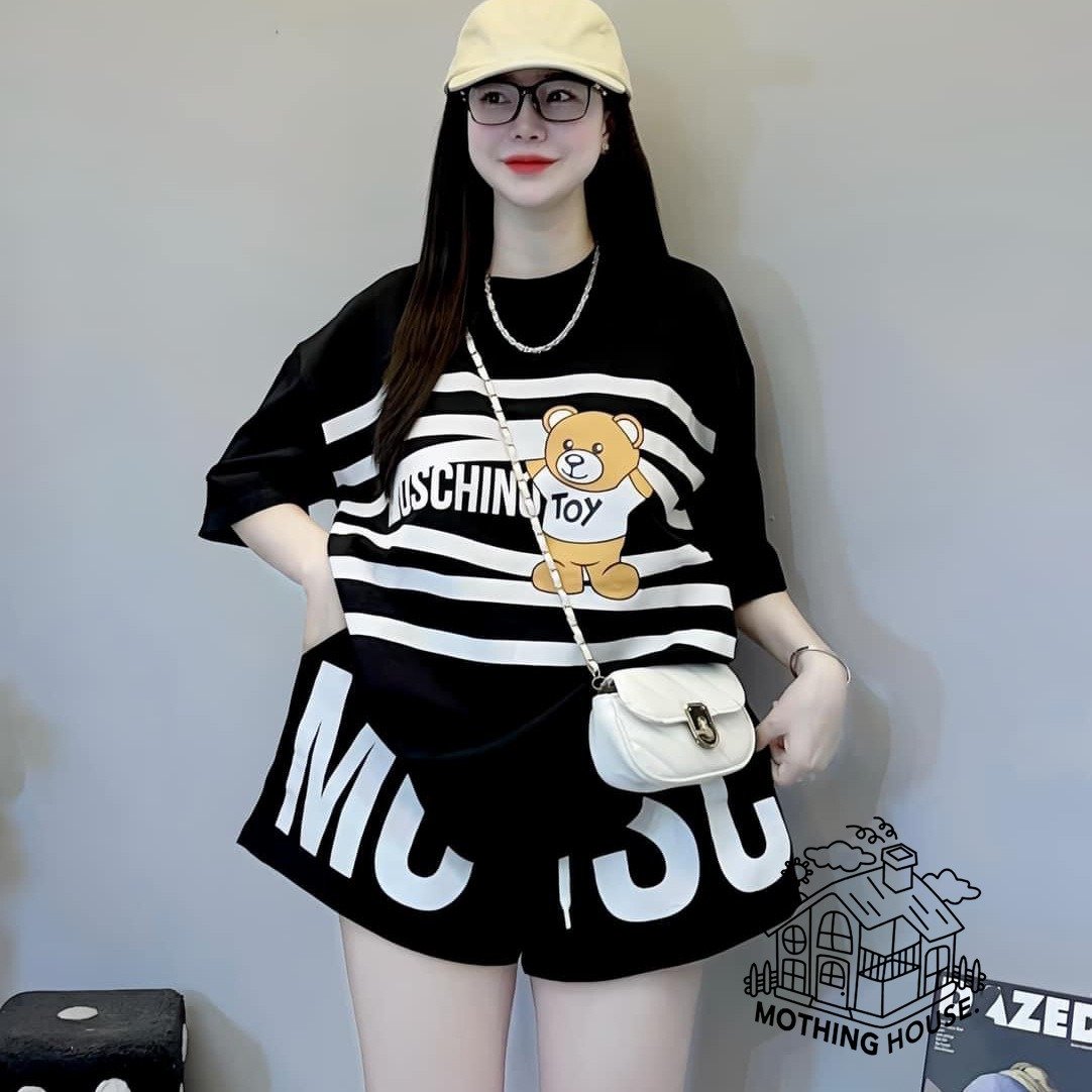 Fashion Set Women's Summer Loose Striped Bear Short sleeved Age Reducing Shorts Two Piece Set