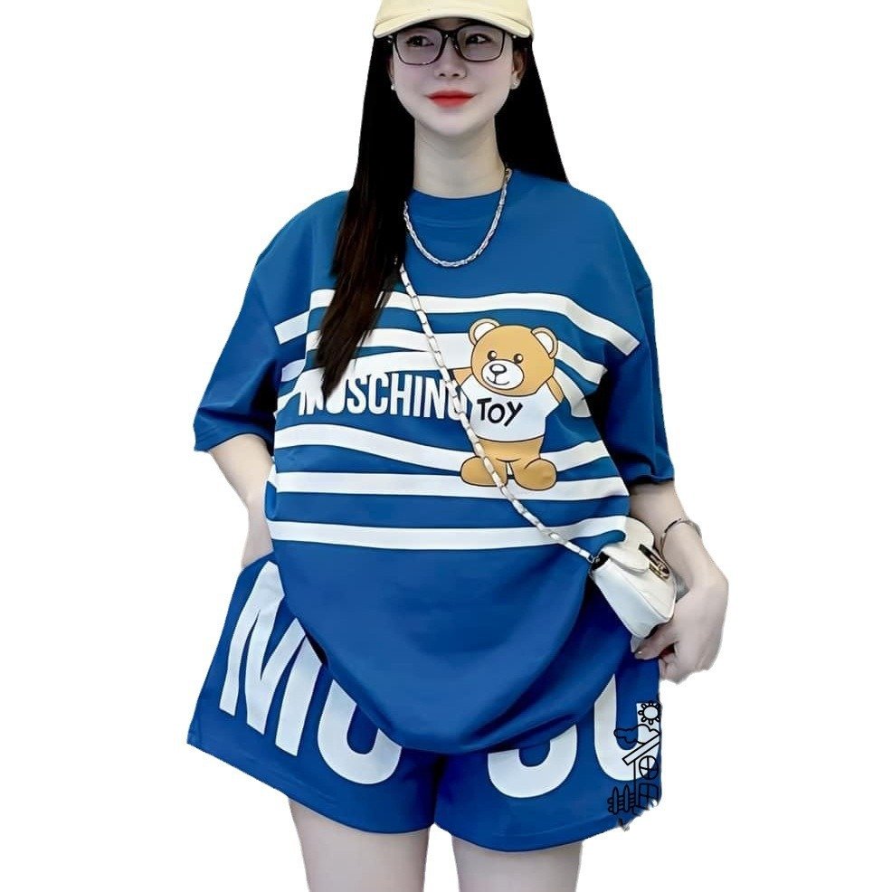 Fashion Set Women's Summer Loose Striped Bear Short sleeved Age Reducing Shorts Two Piece Set