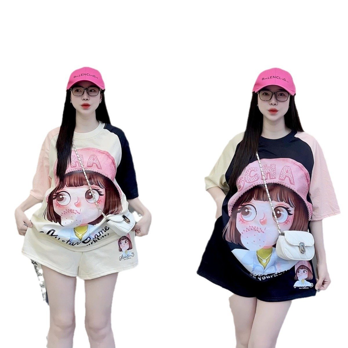 Fashion Set Women's Summer Loose Striped Bear Short sleeved Age Reducing Shorts Two Piece Set