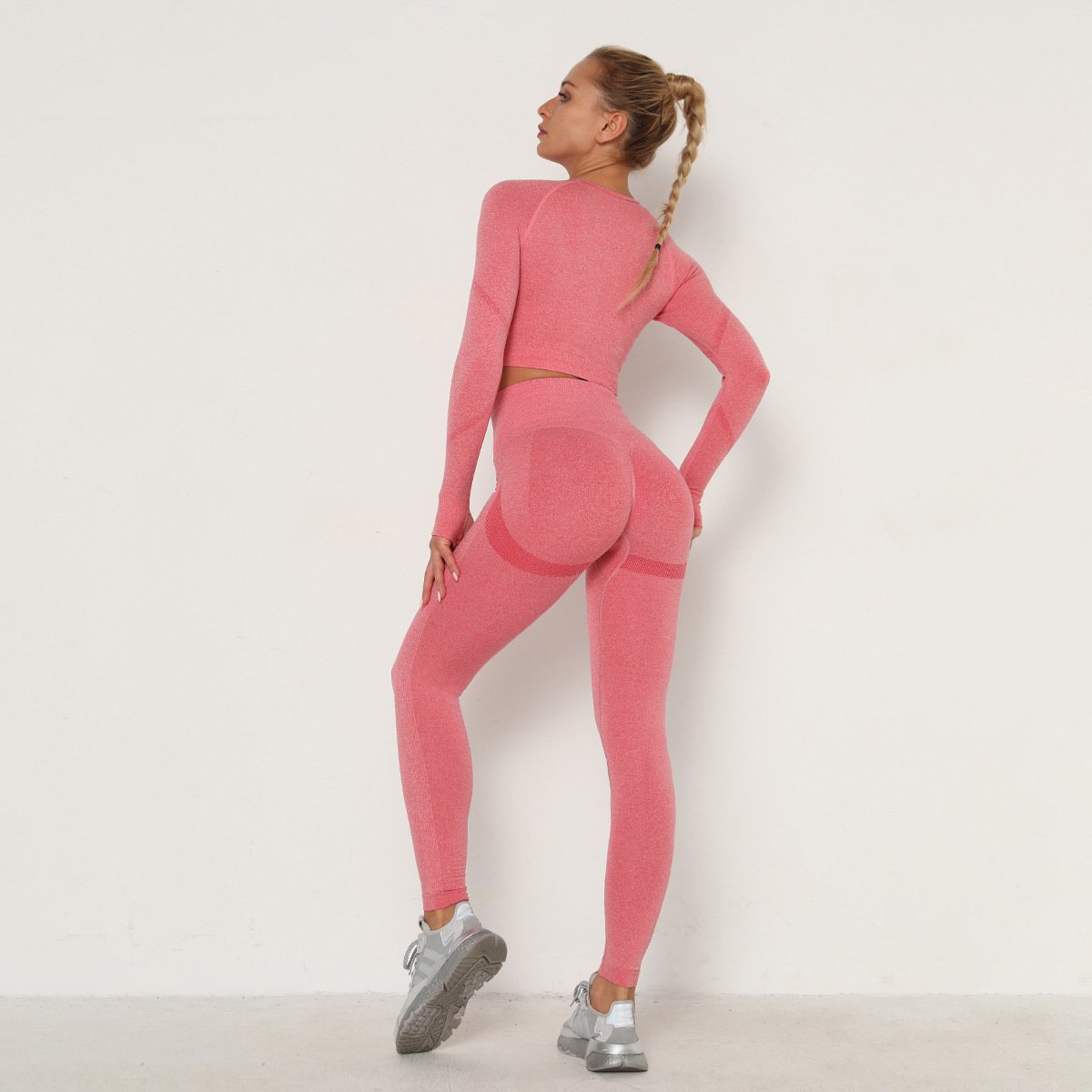 Breathable Seamless wrinkle two piece set outdoor fitness high waist workout clothing sets slim tight long sleeve Yoga suit