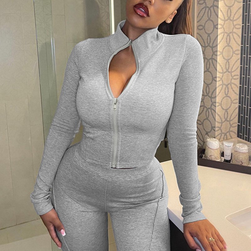 2024 Hot Selling Sports Tight Two Piece Pants Set Fall Women's Clothing Zipper Tops Slim Fit 2 Piece Set for women