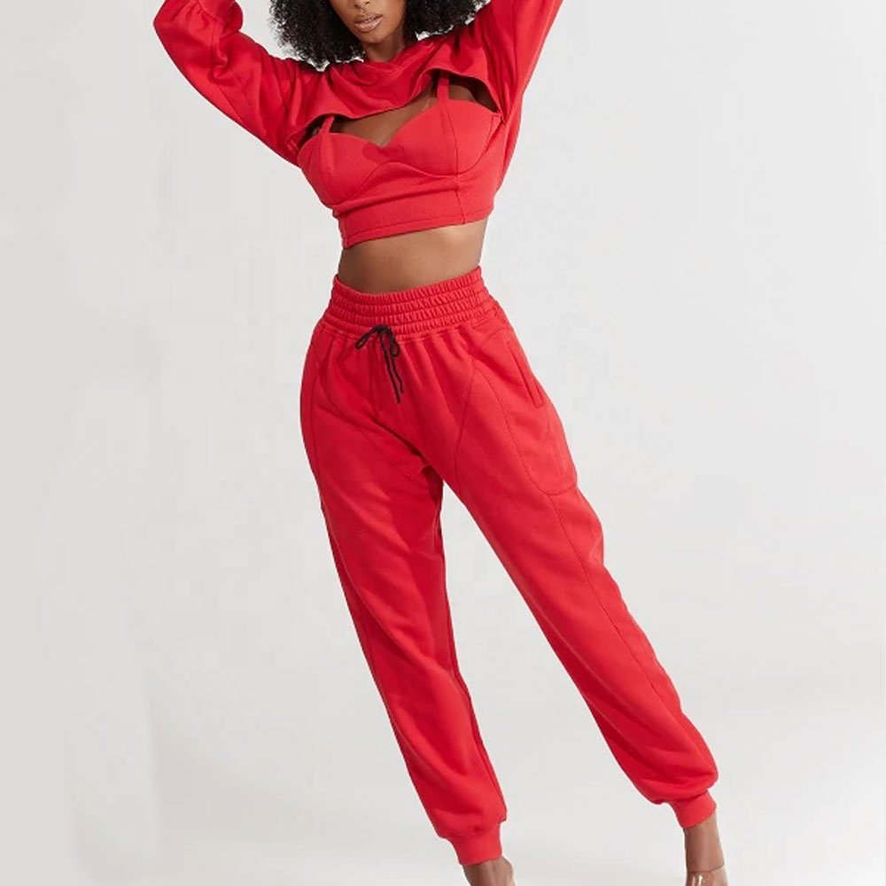 Solid Color Organic Cotton Fabric 2 Piece Crop Top Jogger Set 2022 Causal Two Piece Long wear Sets Lounge wear Sets Women