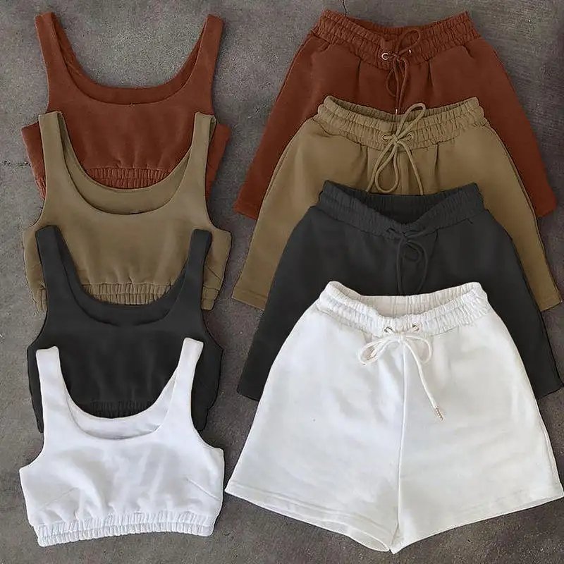 Wholesale Organic Bamboo Cotton Custom Logo Two Piece Short Pants Set 2024 Crop Top 2 Pcs Suits Shorts Women Casual Joggers Sets