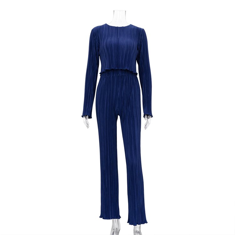 Fashionable Spring Fall Casual Streetwear Sets Soft Plisse Long Sleeve Crop Tops Wide Leg Pants 2 Piece Set Women