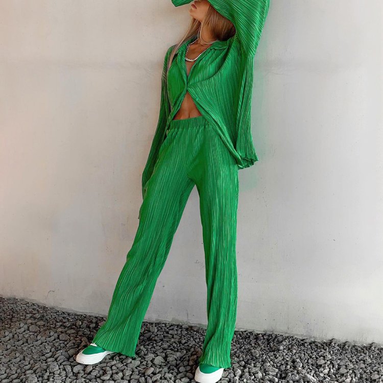 Custom Woman's 2-Piece Set Button-Down Blouse & Pleated Wide-Leg Pants Loose Casual Fall Garments Dyed Clothing