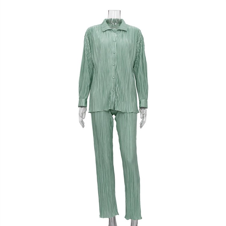 Custom Woman's 2-Piece Set Button-Down Blouse & Pleated Wide-Leg Pants Loose Casual Fall Garments Dyed Clothing