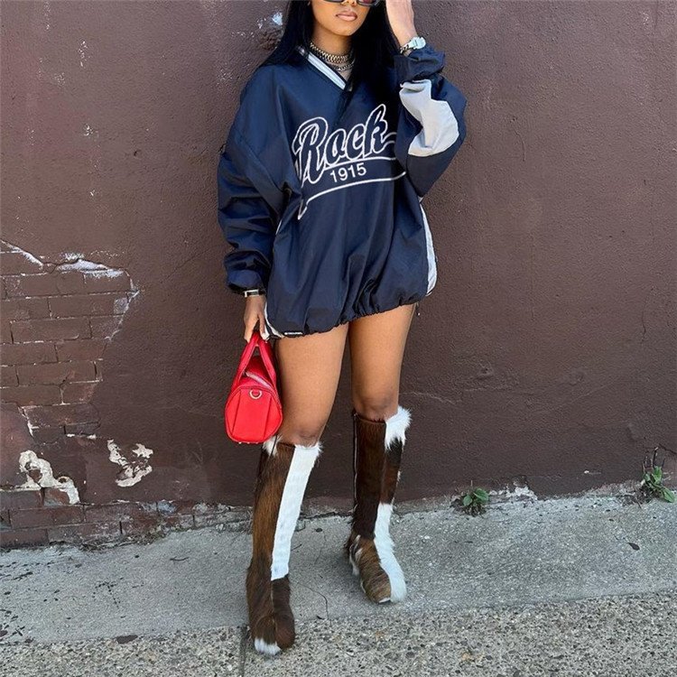 Letter Print Oversized Sweatshirt Women Casual V-Neck 2024 Spring Long Sleeve Drawstring Loose Hoodie
