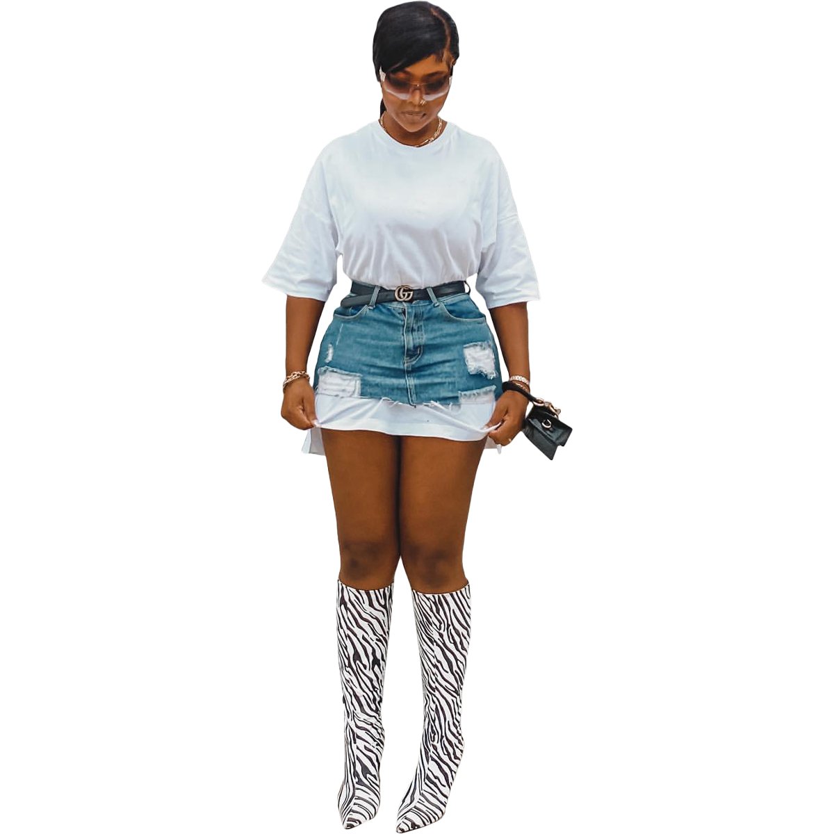 Fashion Ladies Street Outfits Casual Summer Denim Combination Skirt Set Women's Clothing without Belt Printed Knitted Skinny