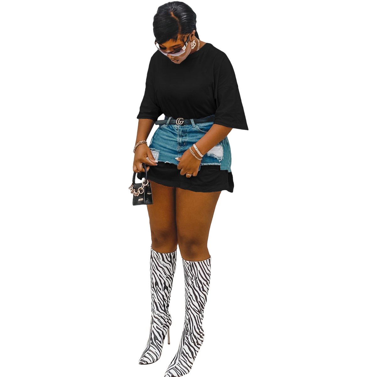 Fashion Ladies Street Outfits Casual Summer Denim Combination Skirt Set Women's Clothing without Belt Printed Knitted Skinny