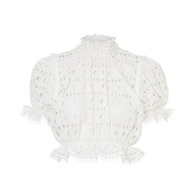 2022 Stand Collar Puff Sleeves Short Sleeve Embroidered Hollow Short Top + High Waist Long Skirt Set