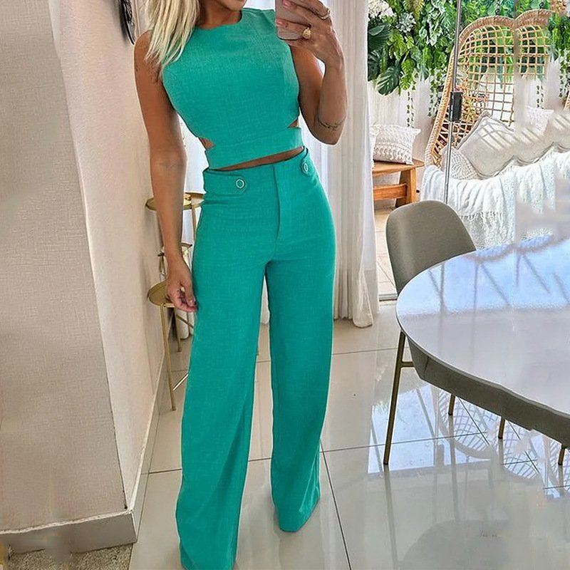 Boutique Wholesale 2024 Summer New Fashionable Casual Slim Fit Vest Temperament Solid Color Button Pants Women's Set