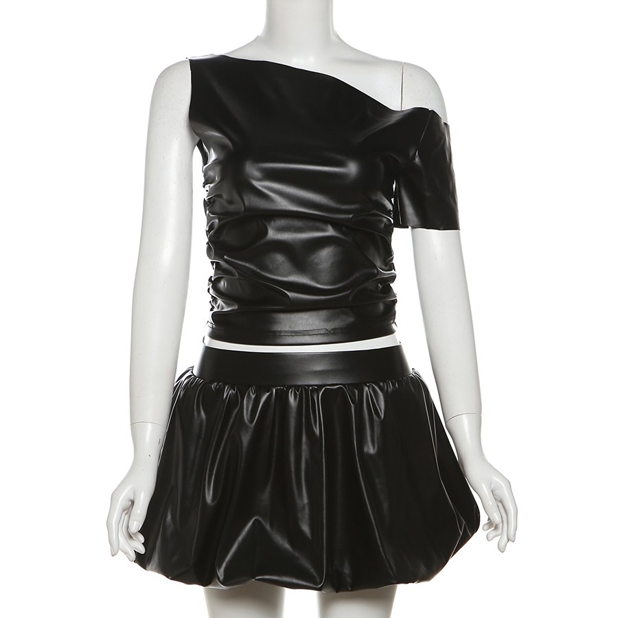 Kliou K24S55485 Solid Ruched Leather Women's Set Black 2 Piece Set Women Bubble Skirt Sets