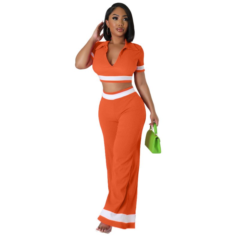 Women's 2 Piece Soild Summer Casual Short Sleeve Deep V Crop Tops Blouse Long Palazzo Pants knit sweater Set Outfits