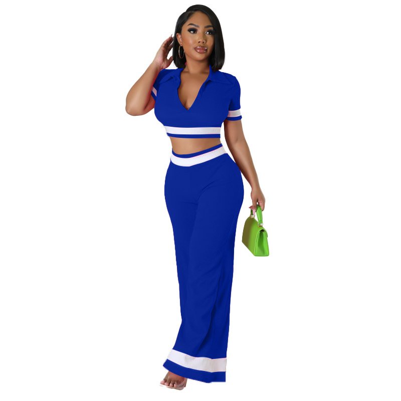 Women's 2 Piece Soild Summer Casual Short Sleeve Deep V Crop Tops Blouse Long Palazzo Pants knit sweater Set Outfits
