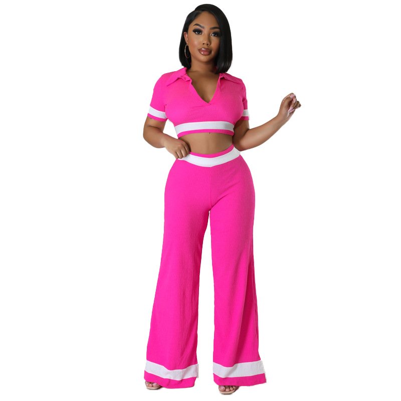 Women's 2 Piece Soild Summer Casual Short Sleeve Deep V Crop Tops Blouse Long Palazzo Pants knit sweater Set Outfits