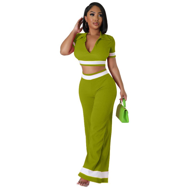 Women's 2 Piece Soild Summer Casual Short Sleeve Deep V Crop Tops Blouse Long Palazzo Pants knit sweater Set Outfits