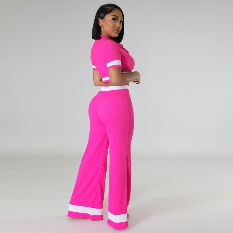 Women's 2 Piece Soild Summer Casual Short Sleeve Deep V Crop Tops Blouse Long Palazzo Pants knit sweater Set Outfits
