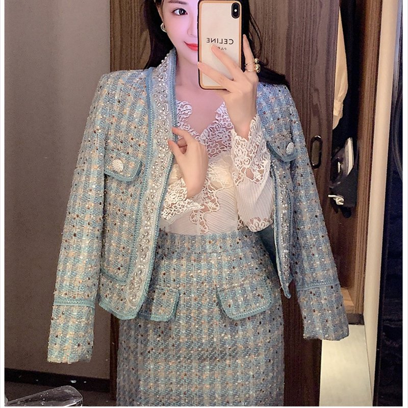 Elegant Women's Autumn and Winter New Set Skirt with Beaded Tassel Short Coat Half Skirt Fashion Two Piece Tweed Set