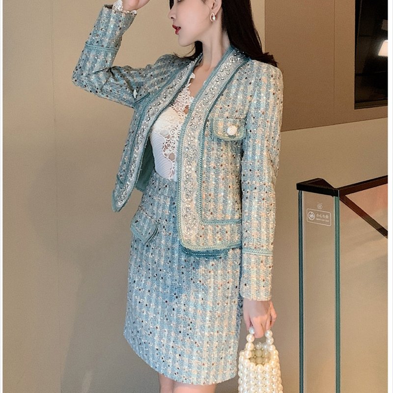 Elegant Women's Autumn and Winter New Set Skirt with Beaded Tassel Short Coat Half Skirt Fashion Two Piece Tweed Set