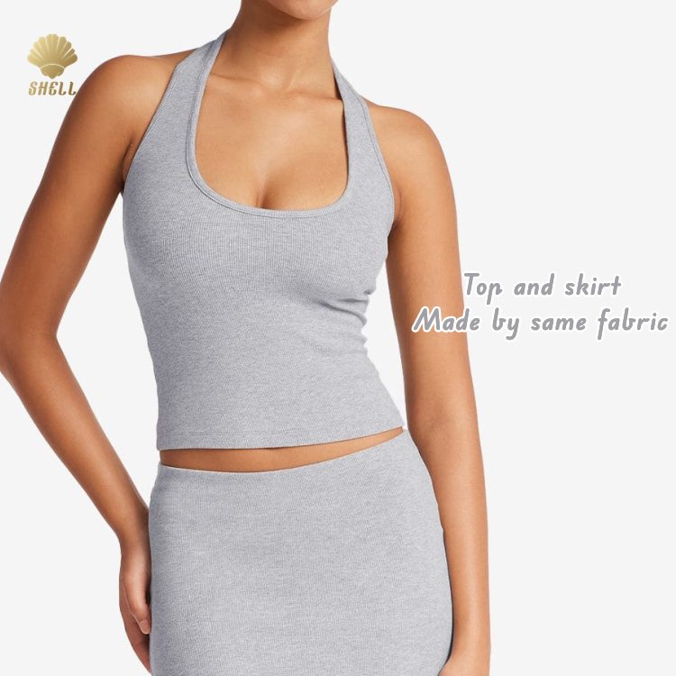 Luluxixiyaya Basic Tank Top Halter Single Layer 270gsm Cotton Jersey Over Ankle Length Straight Leg Skirt 2 Piece Set Women