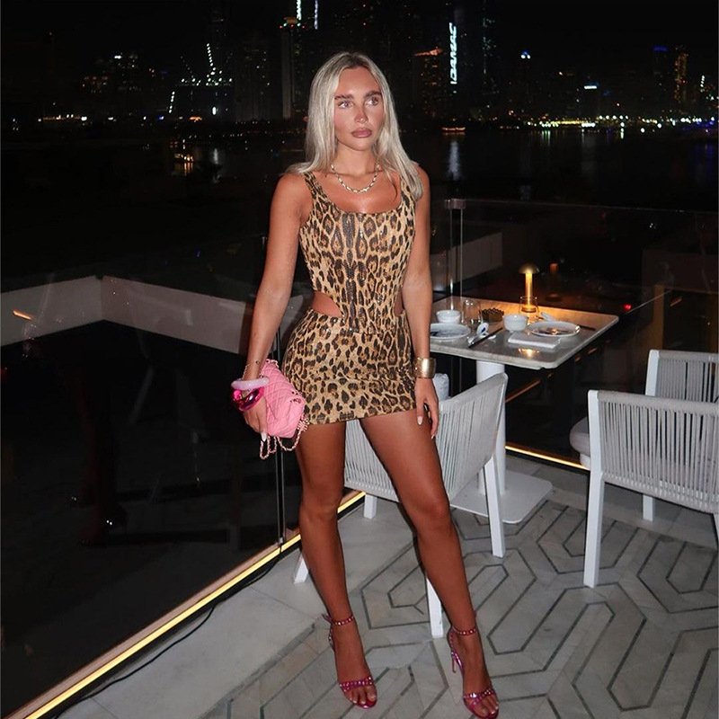 Peeqi K24S49690 sexy summer leopard sequined low cut sleeveless crop top and short skirt 2 piece set bodycon casual women's set